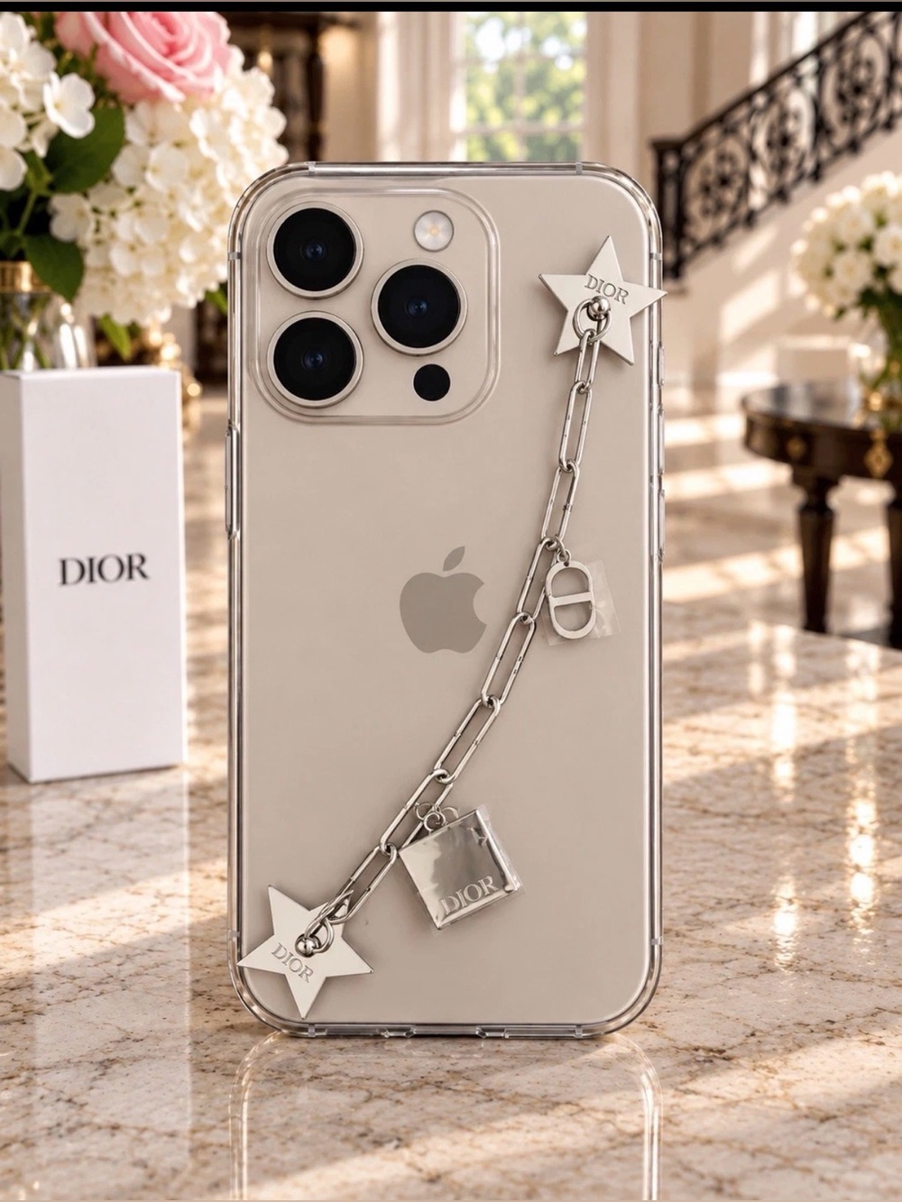 Dior Silver Star & Charm Chain phone ring